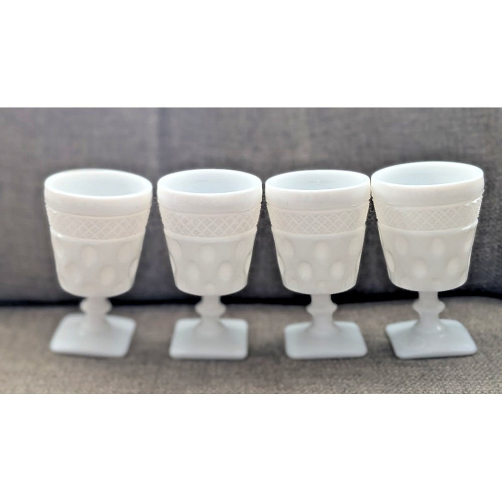 Set Of 4 McKee Opal Milk Glass Thumbprint Goblets 5.5" vintage White Glass